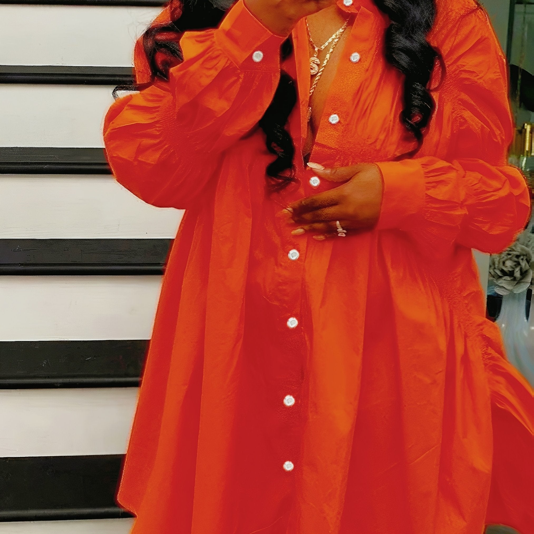 Plus Size Women's Casual Semi-Sheer Shirt Dress with Ruffled Sleeves