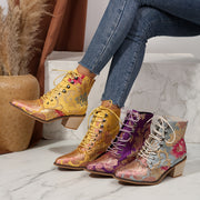 Women Lace-Up Ankle Booties with Floral Embroidery Pointed Toe High Heel
