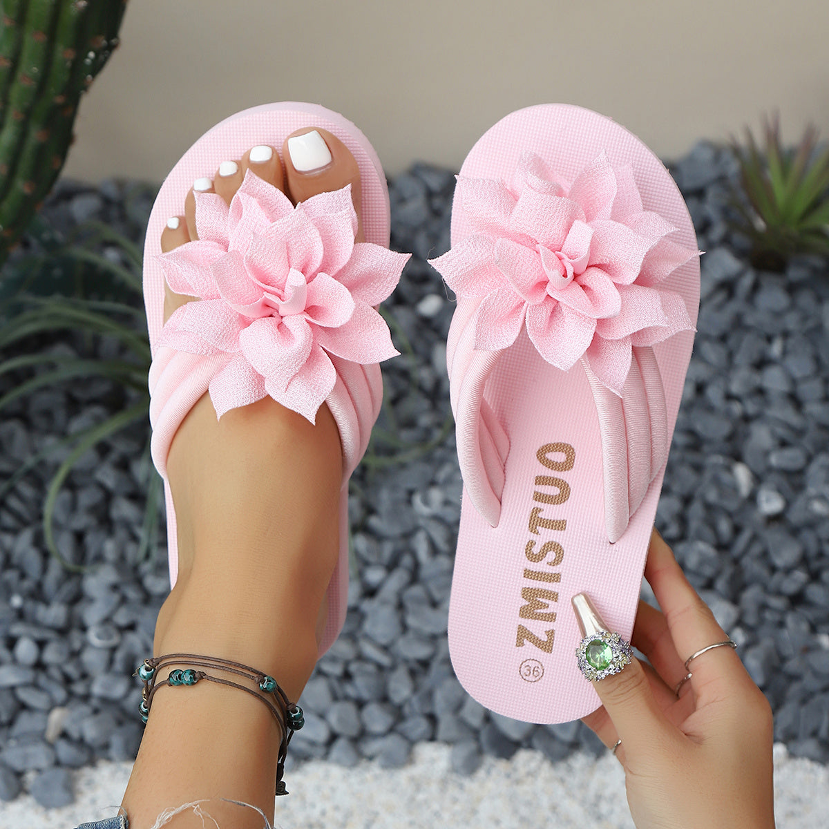 Women's Plus Size Floral Slip-On Slippers Pink Flower EVA Sole Indoor Outdoor