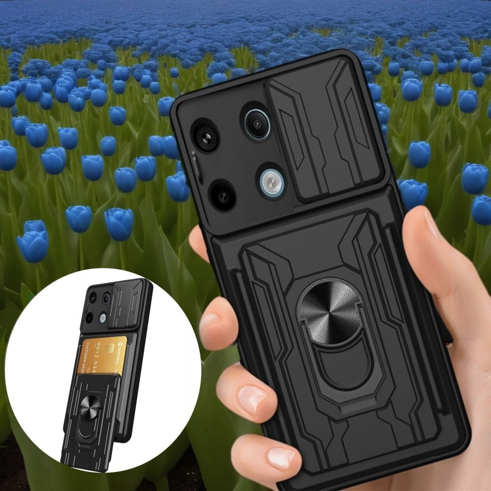 Black PC Phone Case for Xiaomi Redmi Note 13 with Card Holder Camera Cover and Kickstand