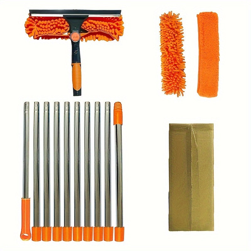 2in1 Window Cleaning Brush and Scraper Set with Telescopic Pole and Hard Bristle Brush