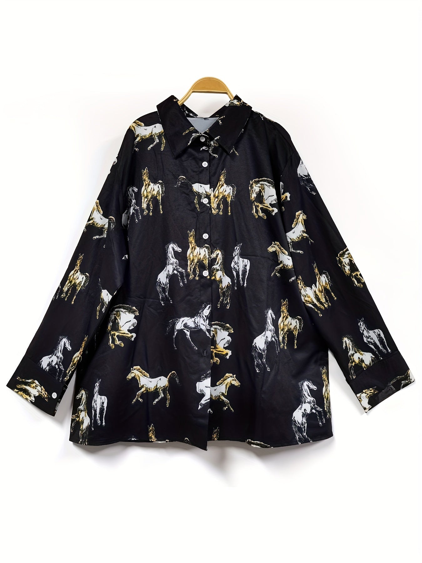 Plus o'lcham ayollar uchun ot bosma uzun ko'ylak, bahor va kuz uchun, tugma bilan old qismi kiyim