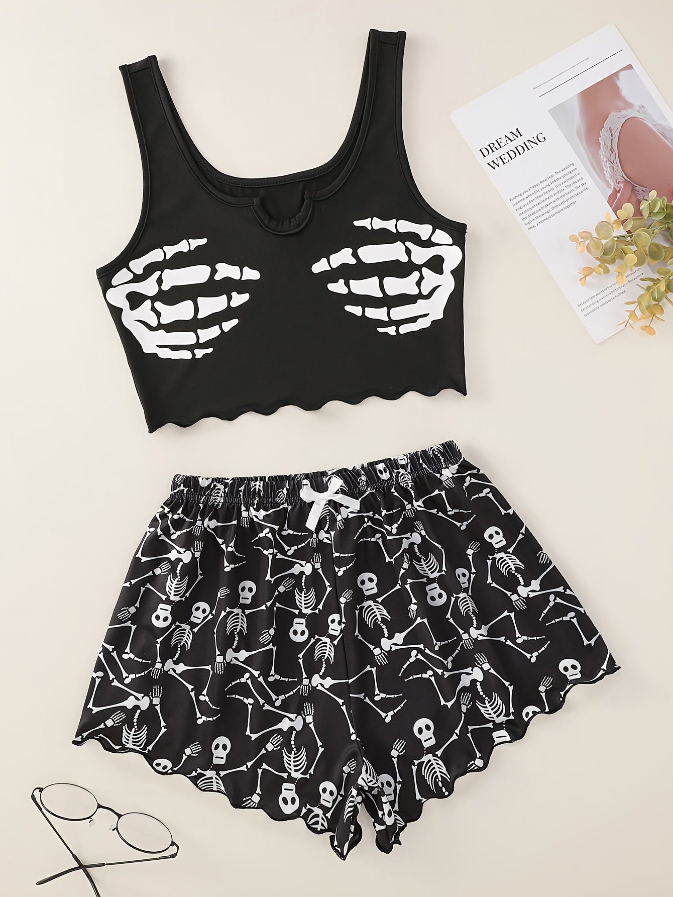 Women's Skull Print Pajama Set with Lettuce Trim Tank Top and Shorts for Loungewear and Sleepwear