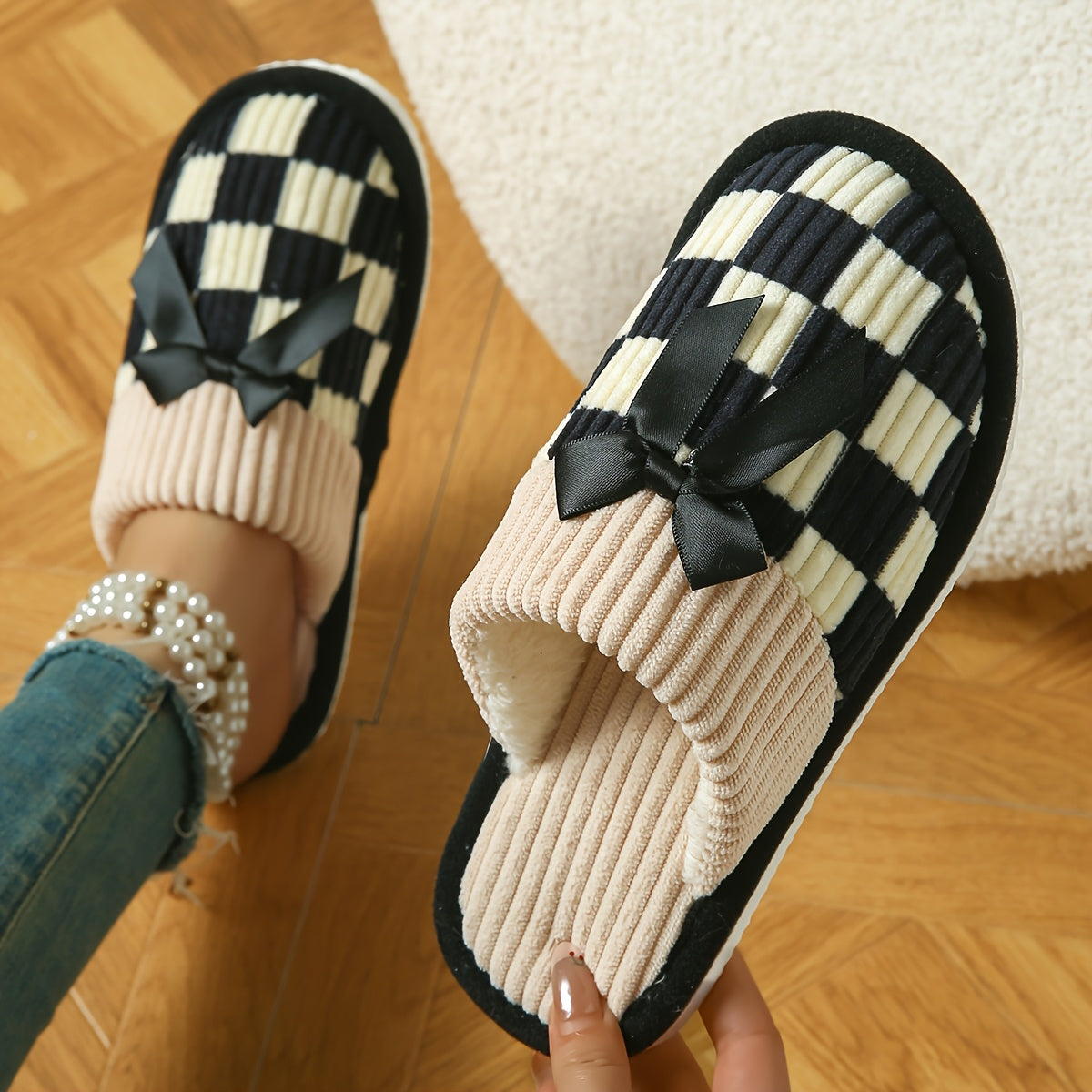 Women's Checkered Knit Slippers with Bow Non-Slip Sole Indoor Comfort