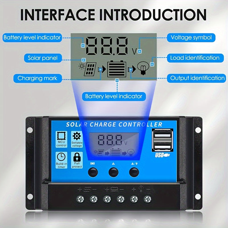 Controlador de carga solar de alta potencia con pantalla LCD, puertos USB y temporizador automático para sistemas de 12V y 24V