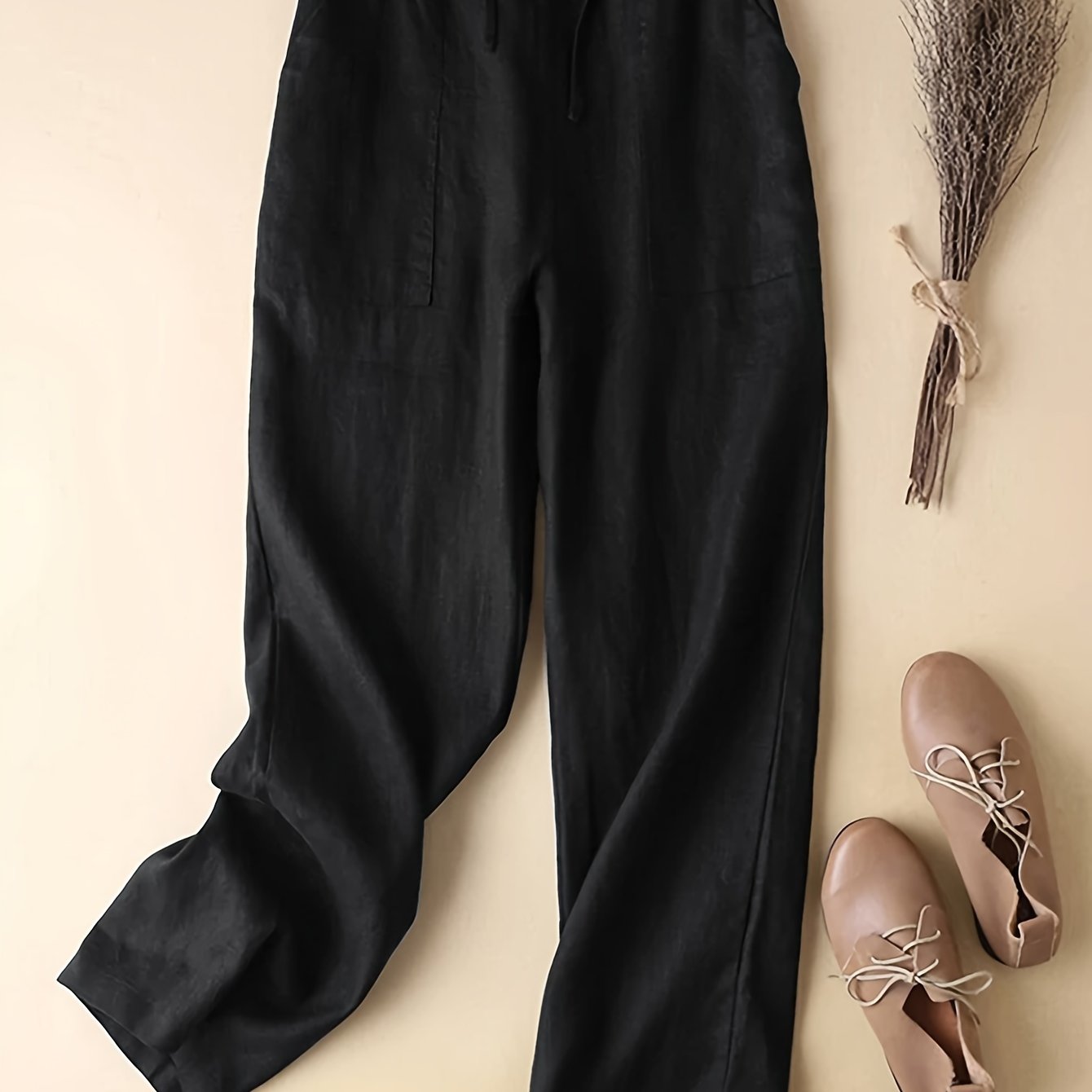 Plus Size Solid Pocket Straight Leg Pants, Casual Drawstring Elastic Waist Women's Clothing