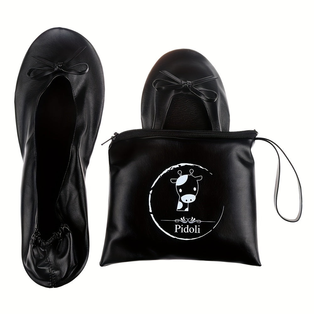 Women's Ballet Flats Foldable Travel Shoes with Removable Pouch Black