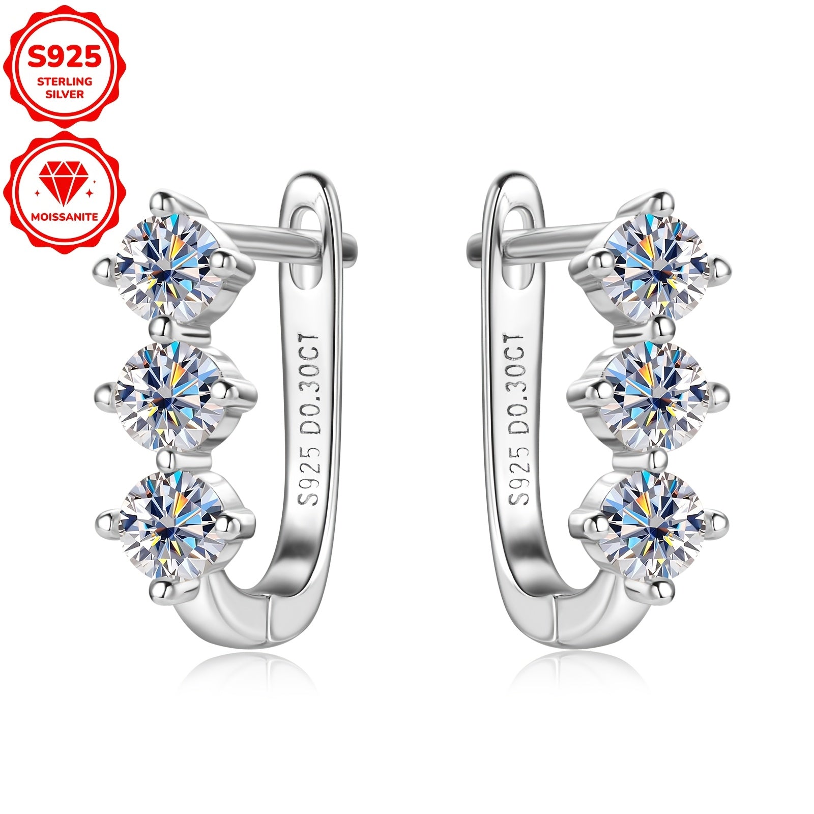Sterling Silver Women's Hoop Earrings with Moissanite Stones 3mm 0.3ct