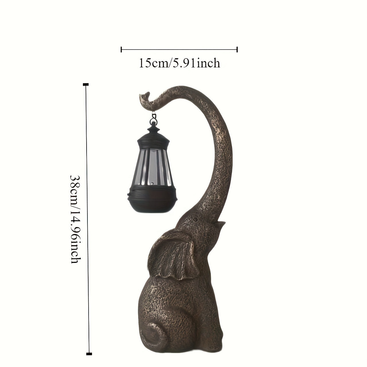 Solar-Powered Elephant Garden Lights Rustic Resin Outdoor Sculpture with Black Metal Lanterns