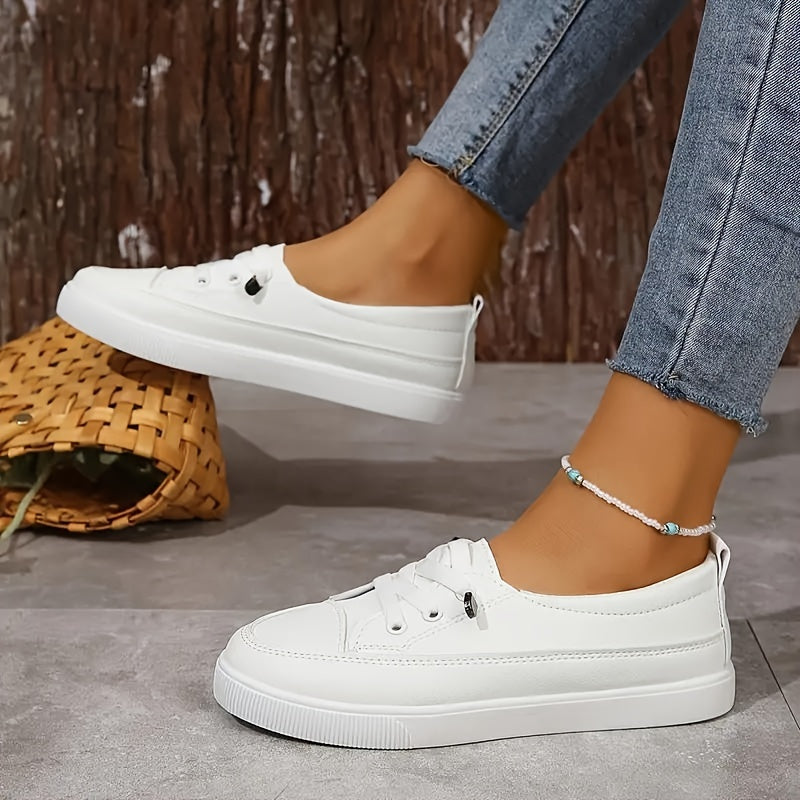 Women's White Slip-On Sneakers Low Top All-Season Rubber Sole