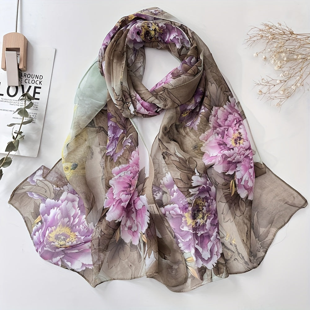 Women's Silk Scarf with Peony Design for Spring and Summer