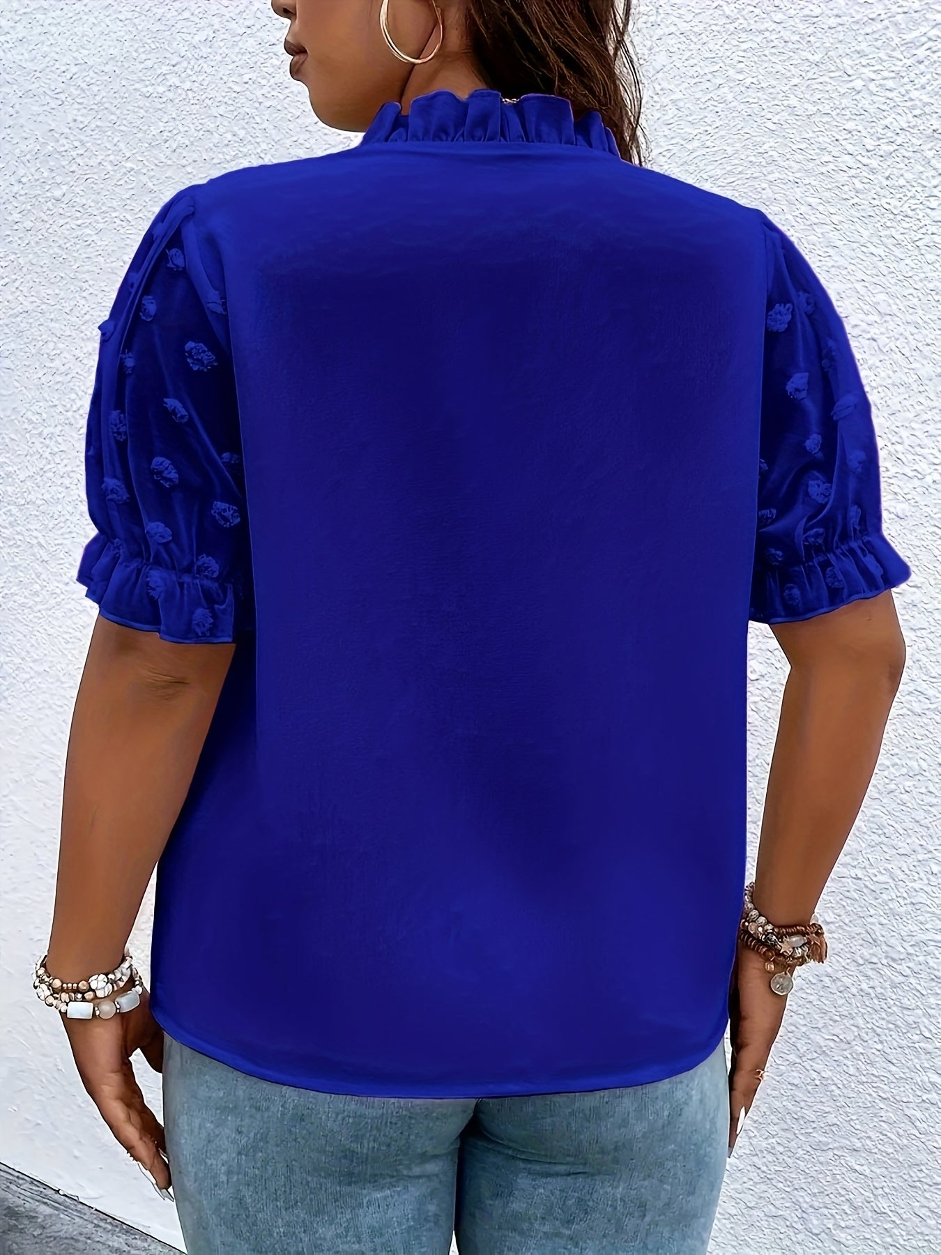 Plus Size Women's Orange Ruffle Sleeve Blouse with Lace Detail