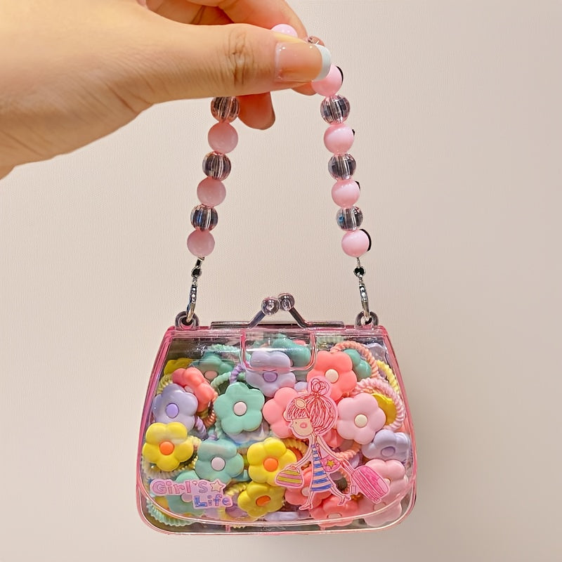 Qizlar uchun aralash ranglarda 20 ta qiziqarli multfilm soch bog'ichlari to'plami, pushti sun'iy marvaridli sovg'a qutisi bilan