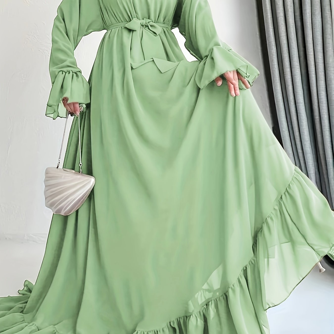 Solid Color Dress with Belted Ruffle Hem Long Sleeve Mock Neck for Spring and Fall