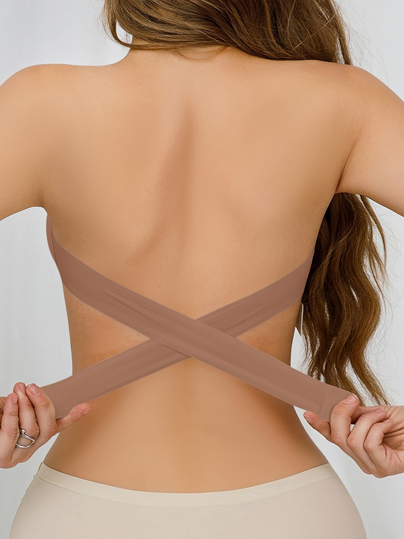 Beige Strapless Bandeau Bra with Removable Pads and Cross-Back Closure
