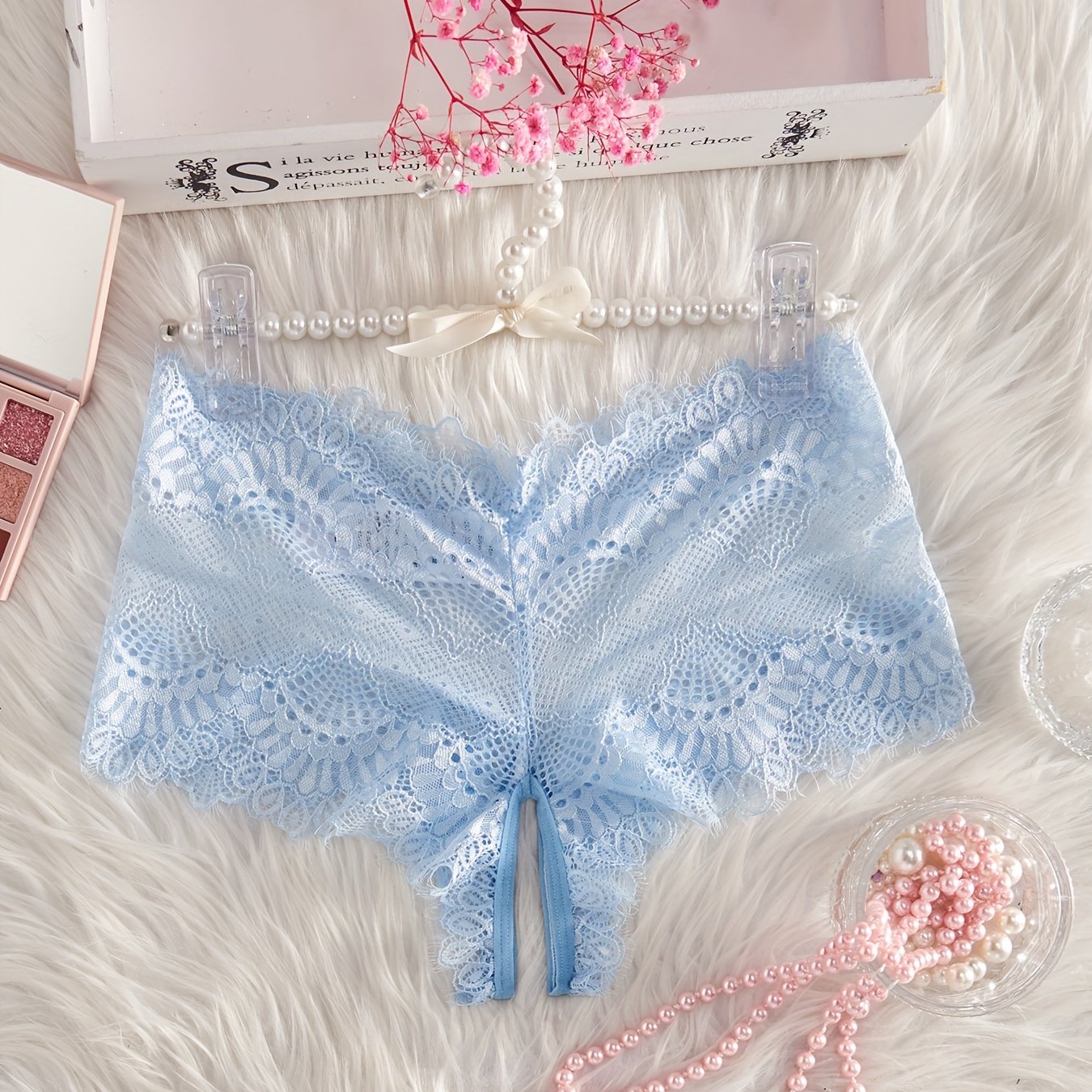 Women's Sheer Nylon Blend Lace Panties Mid-Rise Crotchless Lingerie