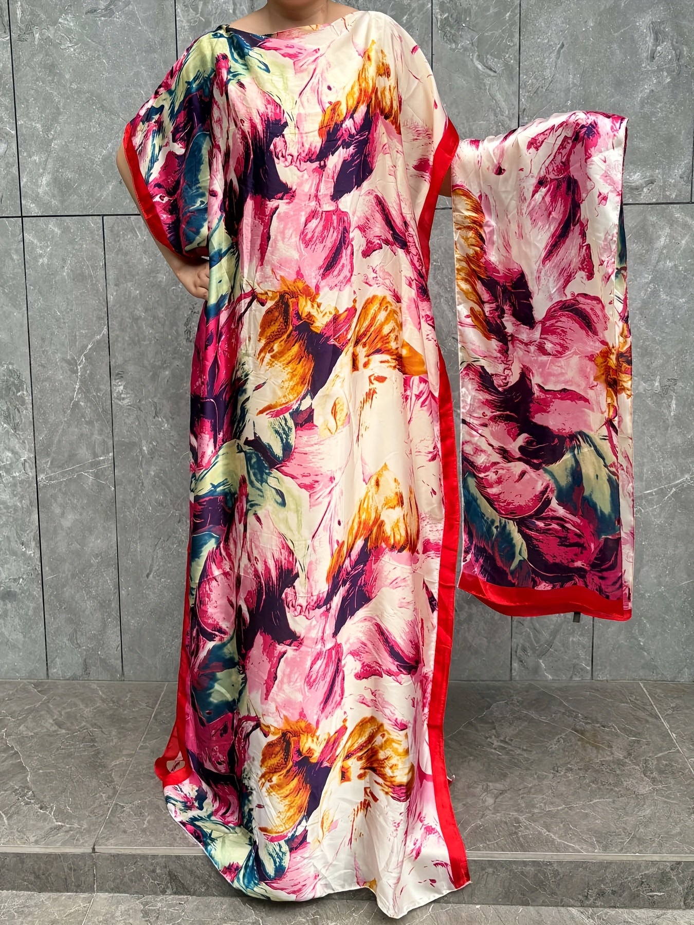 Plus Size Turkish Robe With Scarf Floral Print Batwing Sleeves