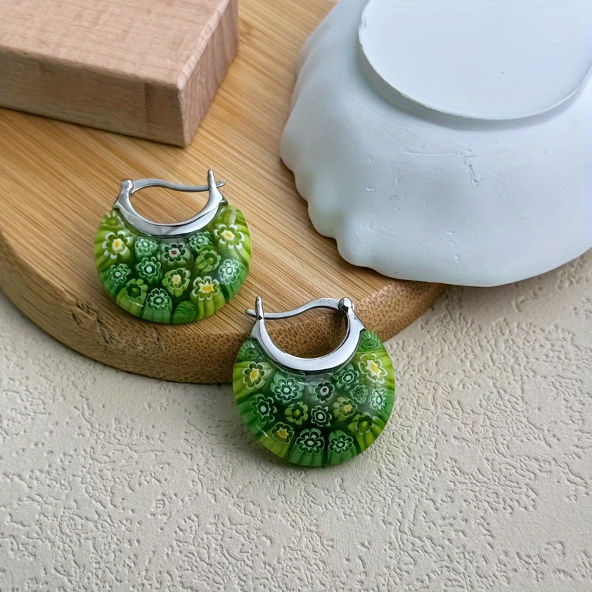 Handcrafted Boho Glass Mosaic Drop Dangle Earrings Stainless Steel Floral Design