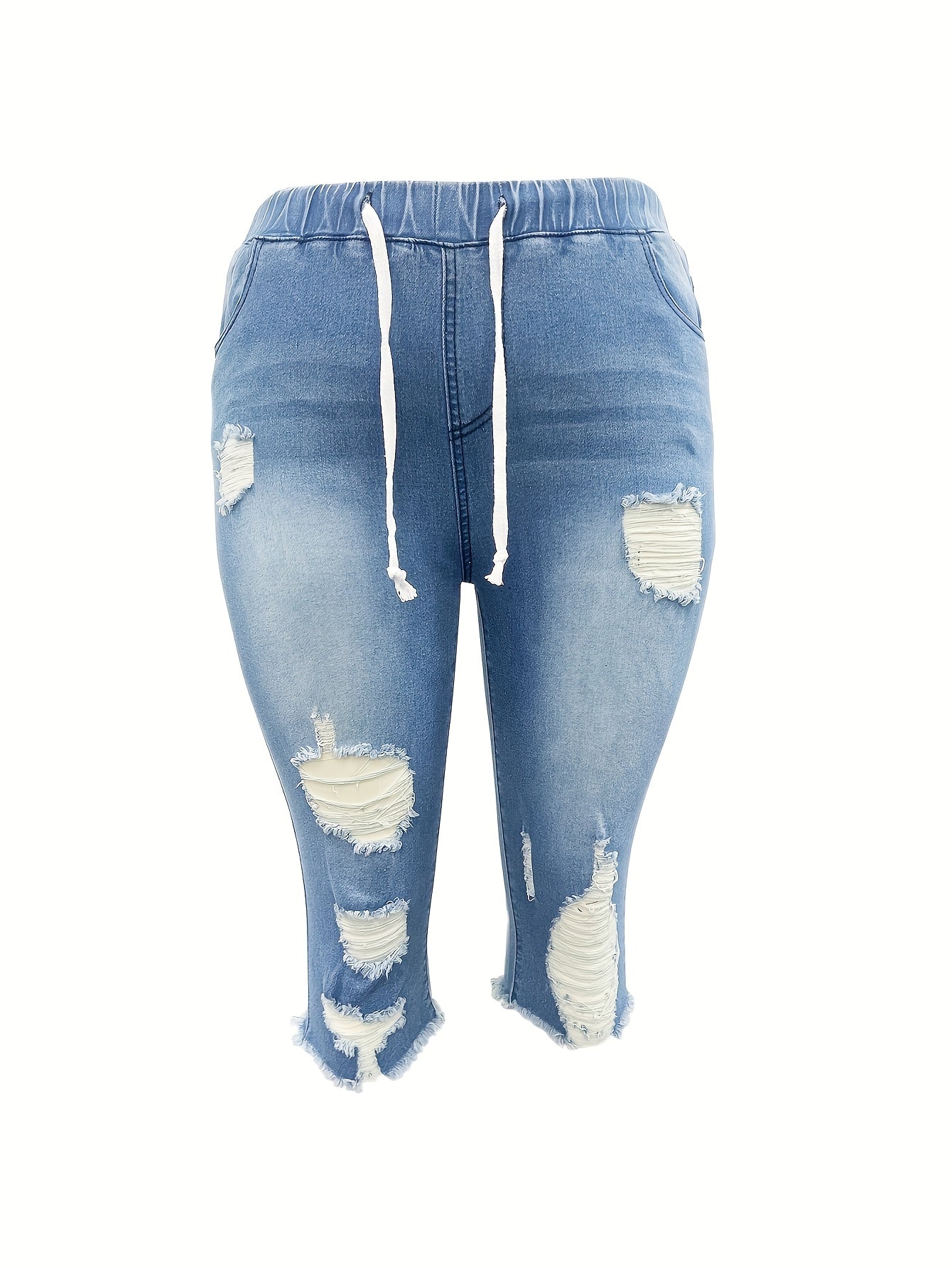 Women's Elastic Waist Cropped Jean Pants High Waist Plus Size Straight