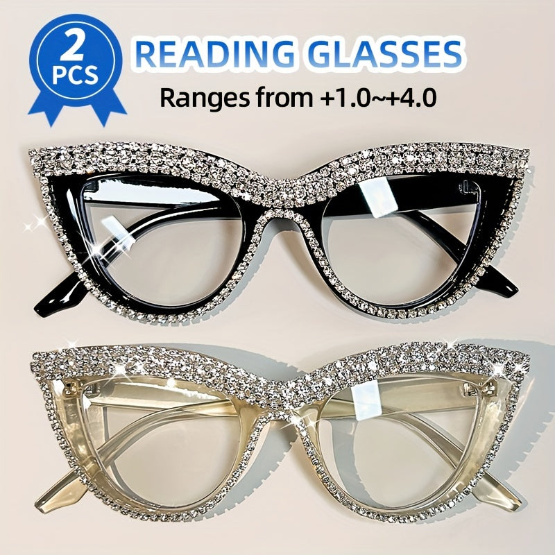 Women’s Cat Eye Reading Glasses Full Frame Blue Light Protection with Rhinestones Various Magnifications