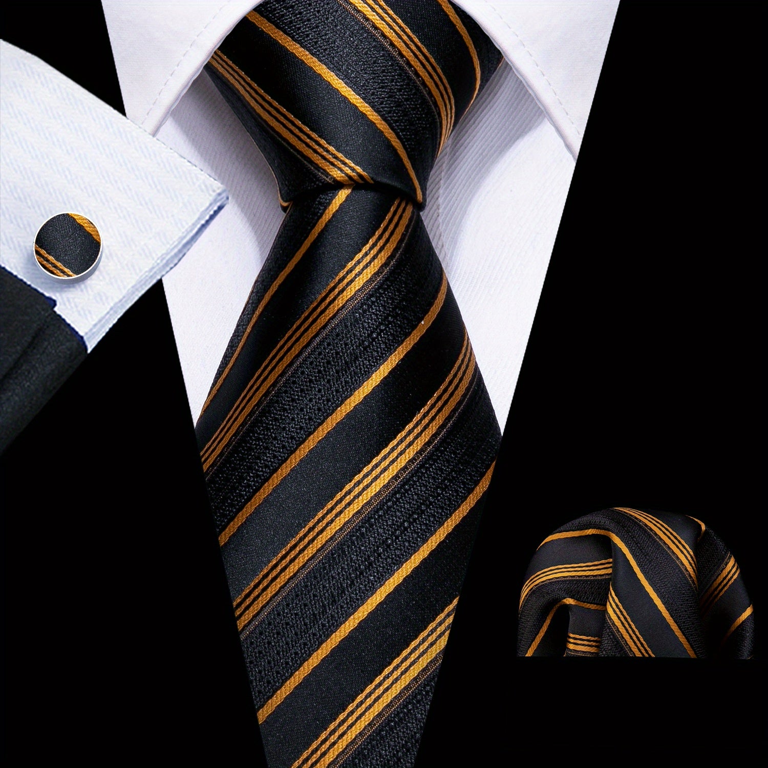 Men's Classic Striped Tie Set with Matching Handkerchief and Cufflinks for Formal and Casual Wear