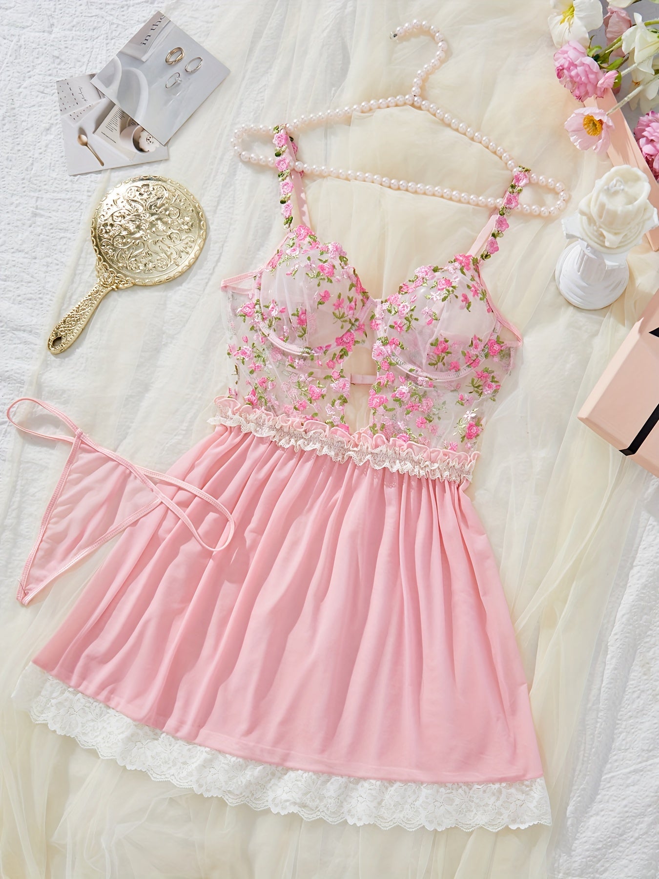 Lingerie Floral Lace Trim Dress V-Neck Backless Sensual Lingerie