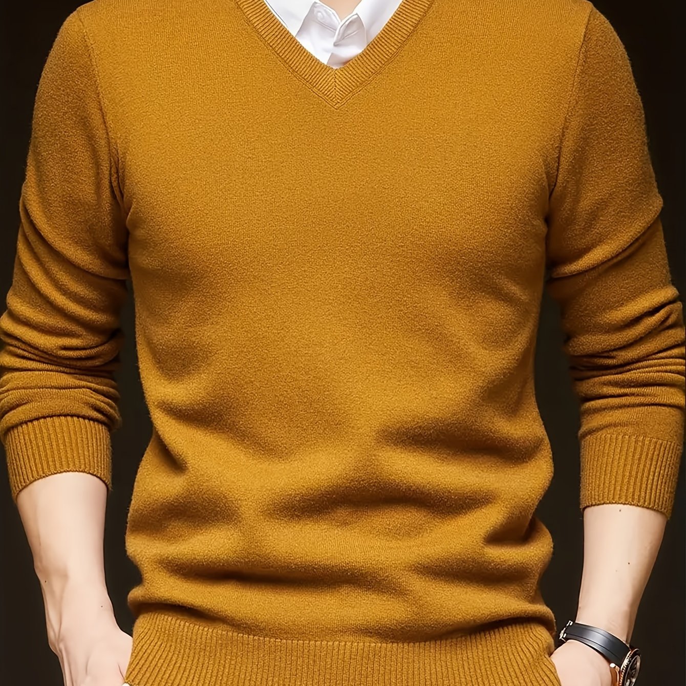 Men's Solid Color V-Neck Knit Sweater Long Sleeve Casual Pullover