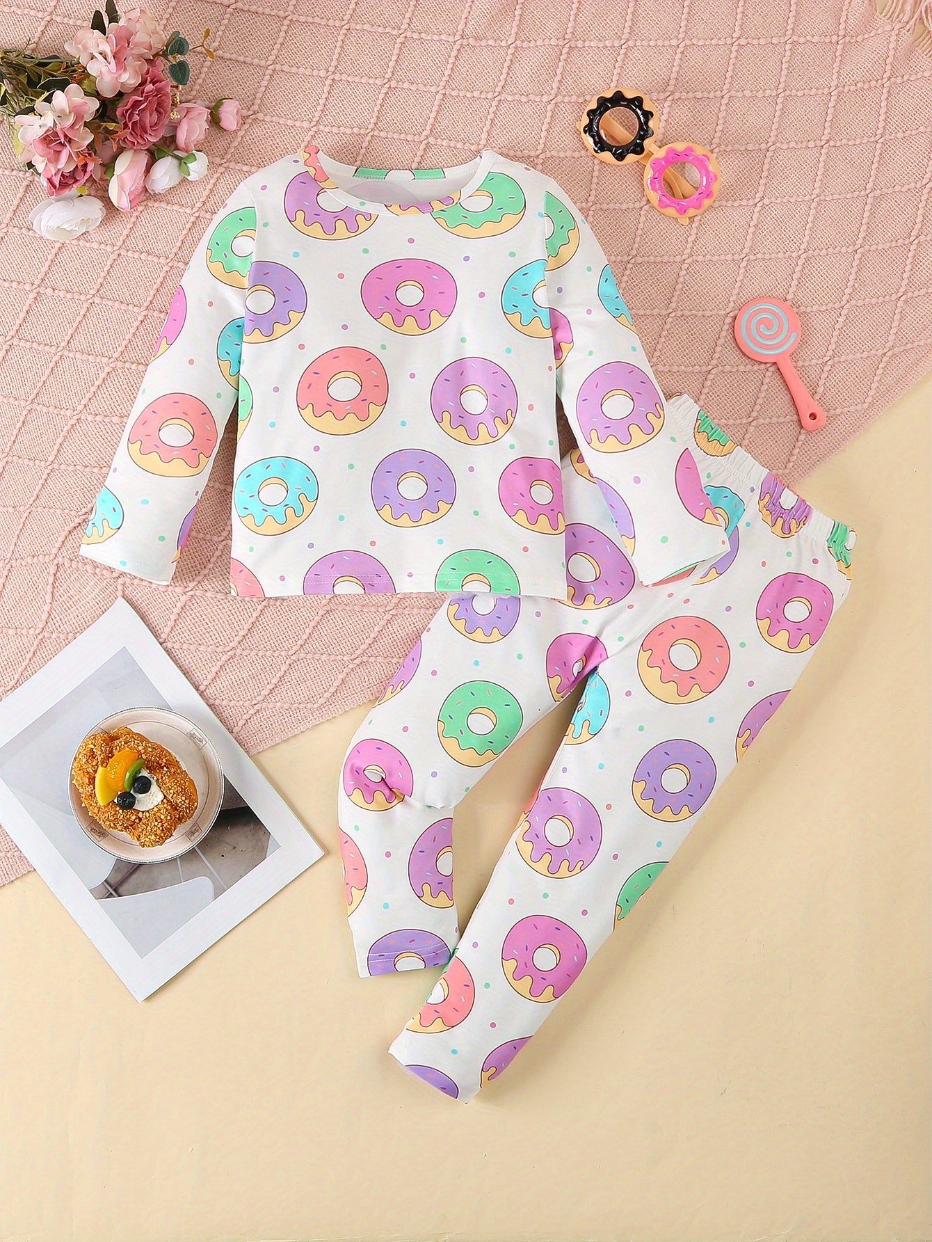 Girls' 4-Piece Pajama Set with Butterfly, Donut, Dinosaur Patterns in Polyester Blend for Kids