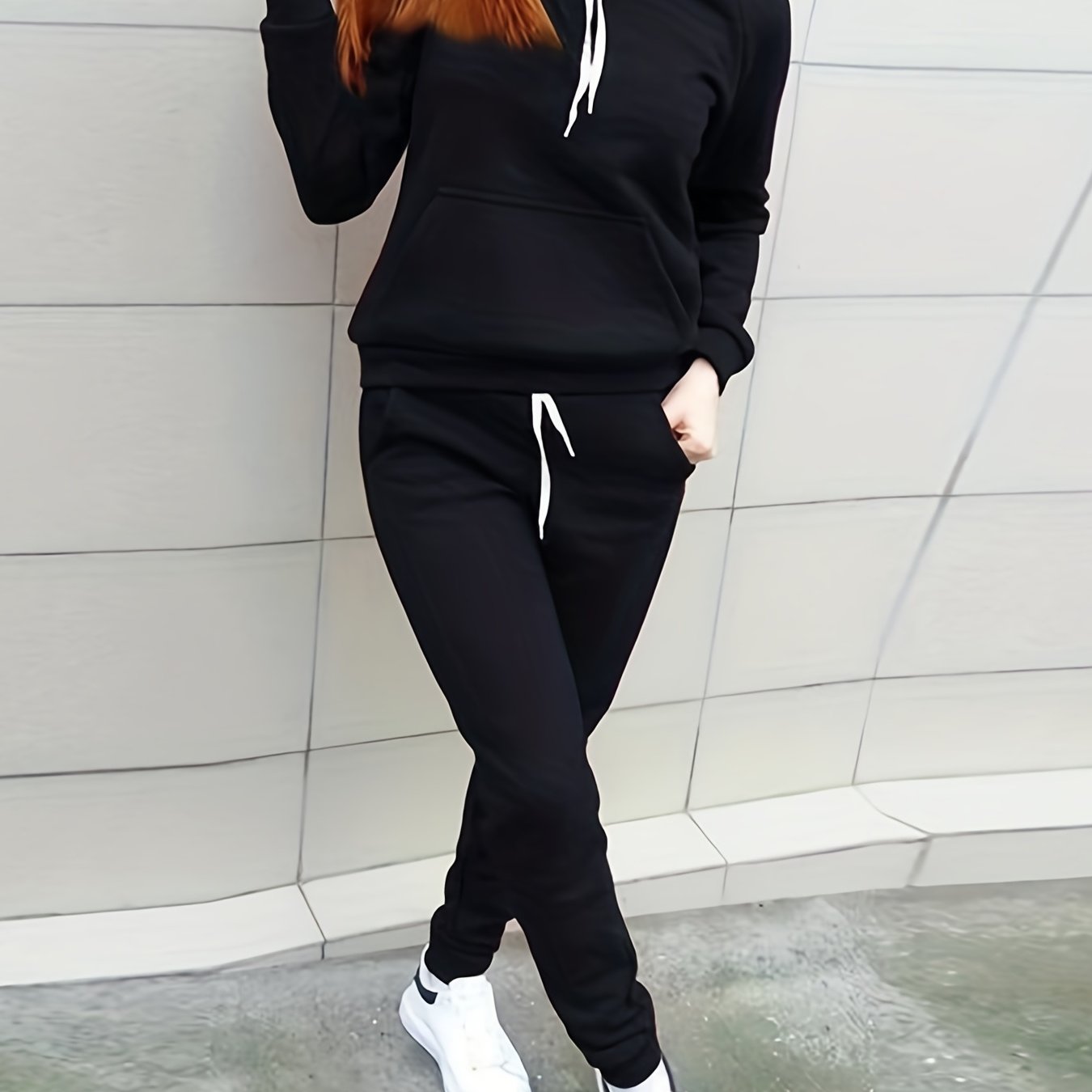 Women's Polyester Hooded Sweatshirt and Pants Set Solid Color Long Sleeve Casual Fall Winter