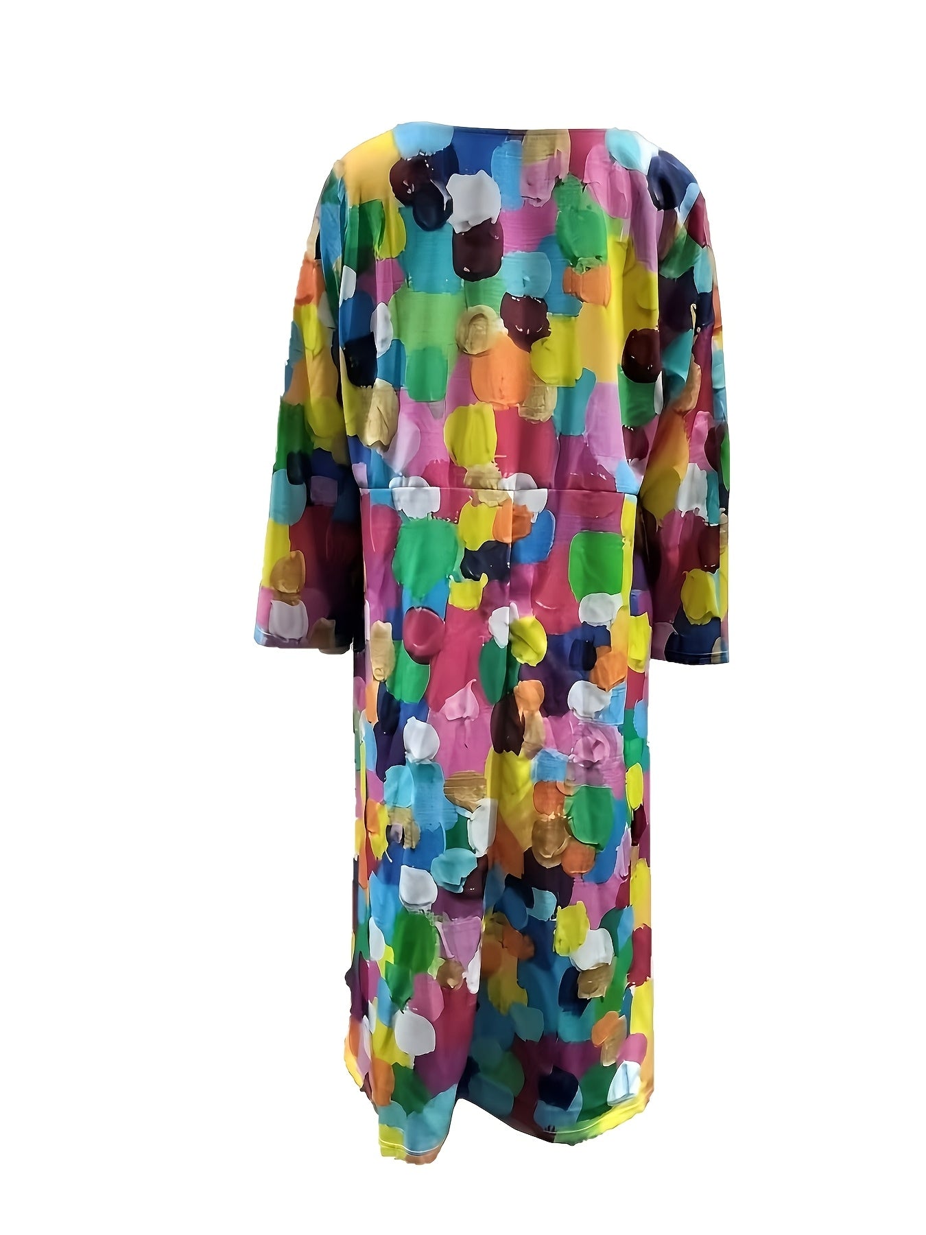 Women's Patchwork Print V-Neck Kaftan Dress with Pockets Long Sleeve Maxi for Casual and Party