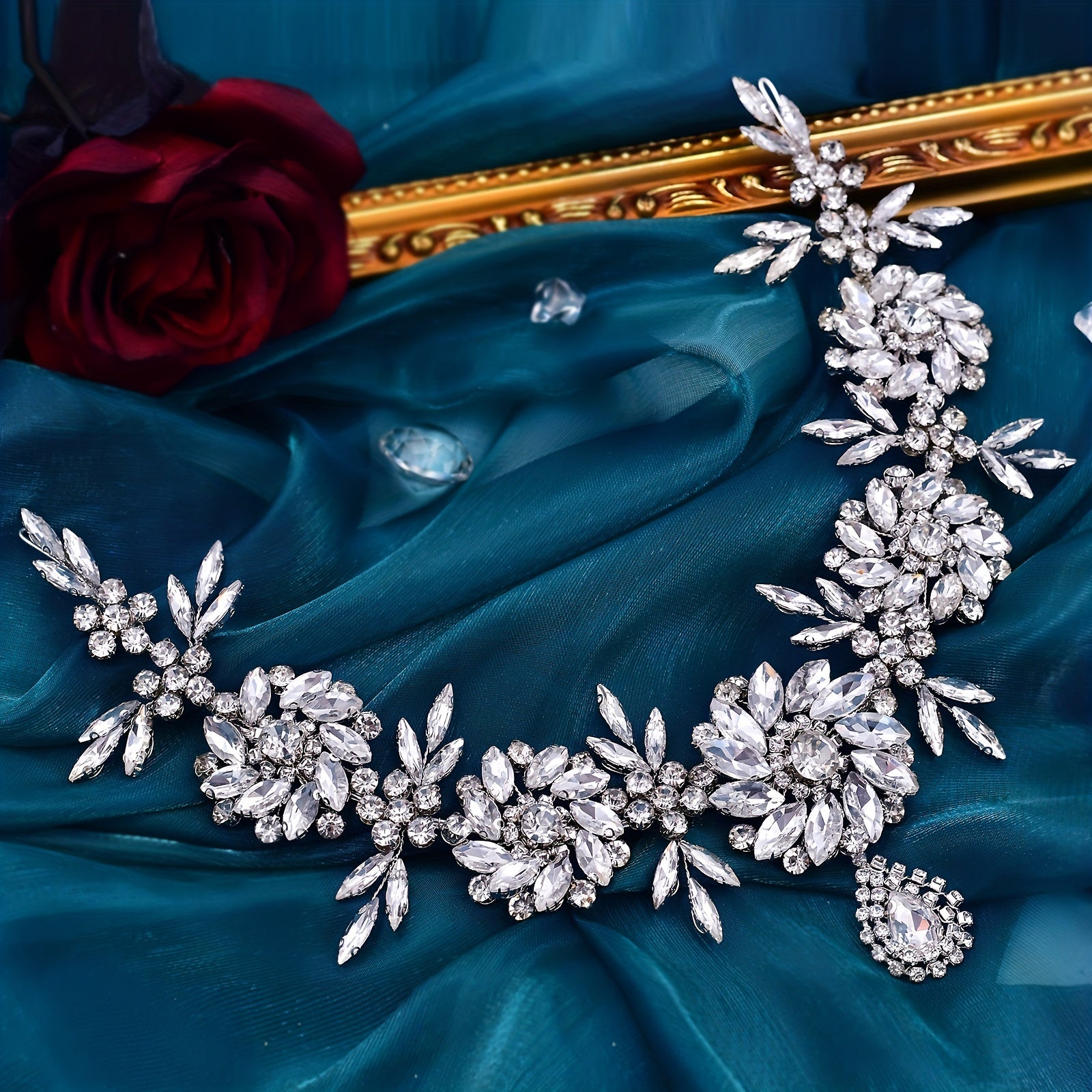 Retro Bridal Headband with Large Rhinestone 3D Flower Hair Accessory for Wedding