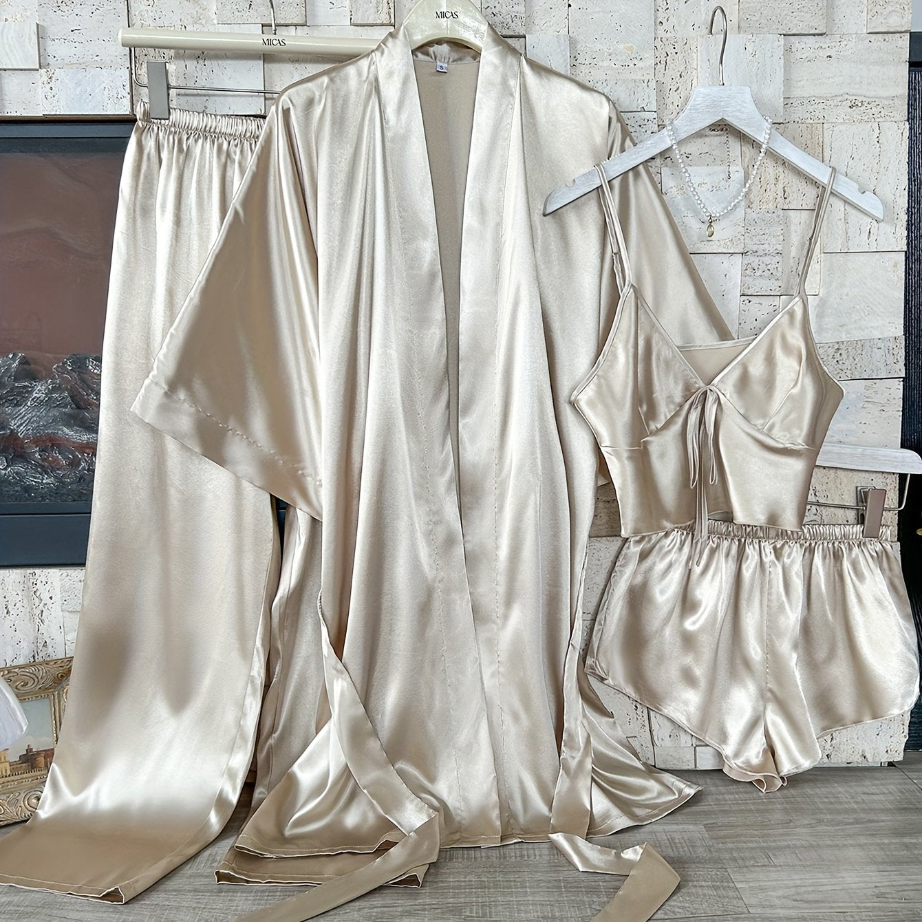 Women's Satin Pajama Set Includes V-Neck Robe with Sash Mini Bralette and Shorts Solid Color Polyester Fall Winter Sleepwear