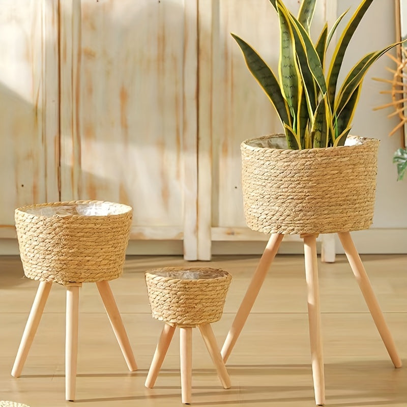 Nordic Style Plant Basket Decor Woven Rattan Flower Pot with Wooden Legs Indoor Balcony Stand 18cm 29cm 50cm