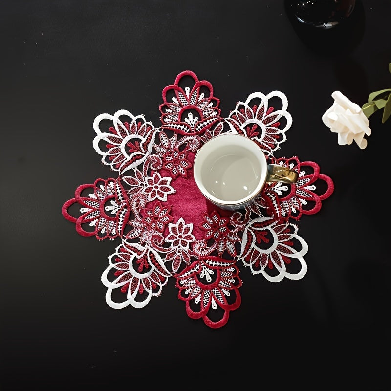 Embroidered Lace Border Polyester Table Mat 50cm Diameter for Home Decor and Events