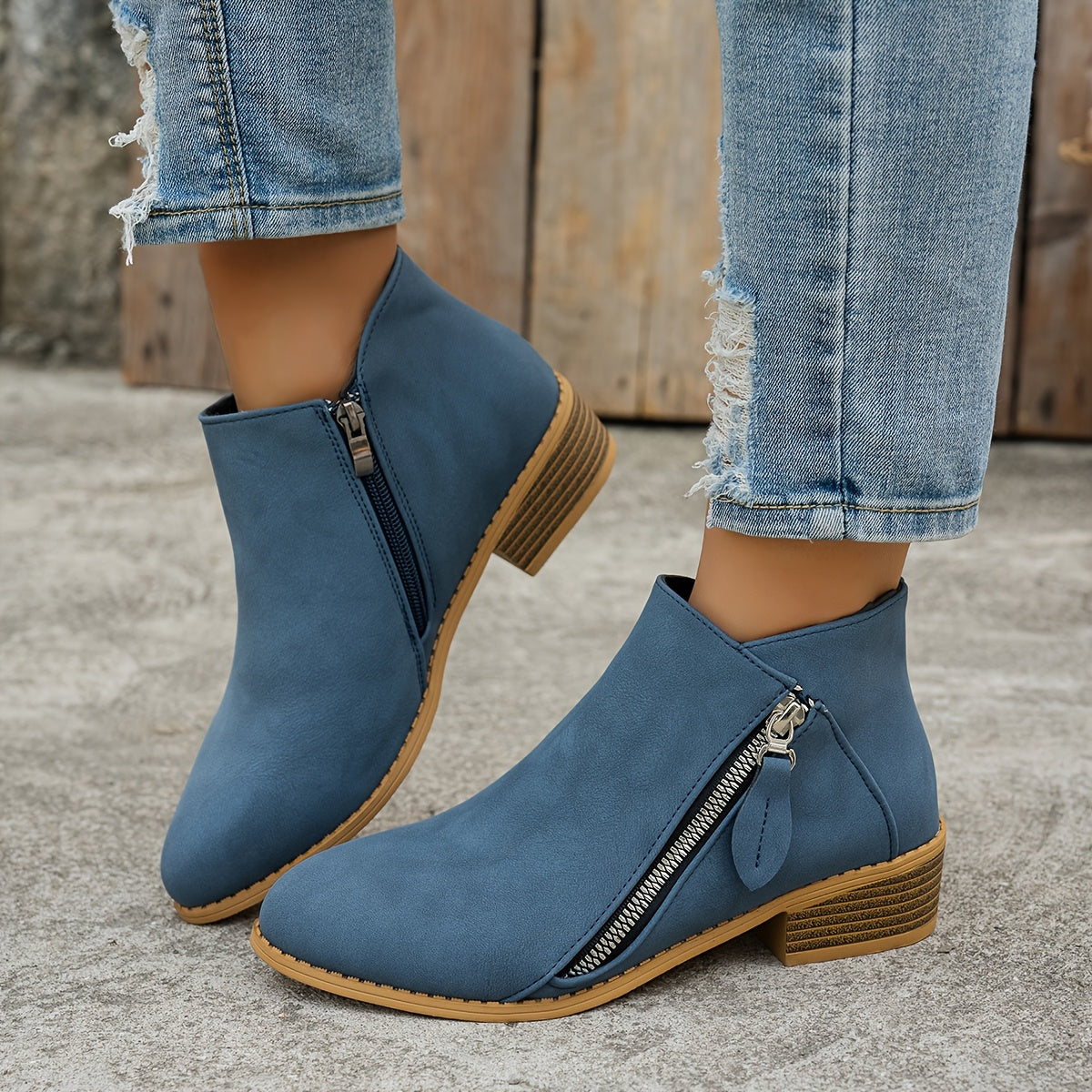 Women's Solid Color Ankle Boots With Thick Sole Wedge Back Zipper