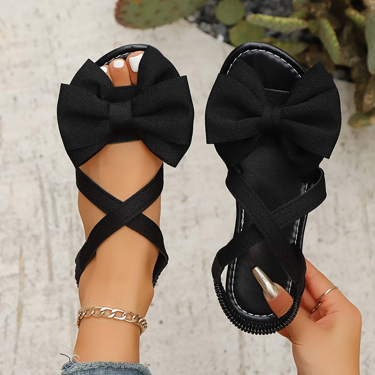 Women’s Black Bowknot Flat Sandals Open-Toe Slip-On Summer Shoes