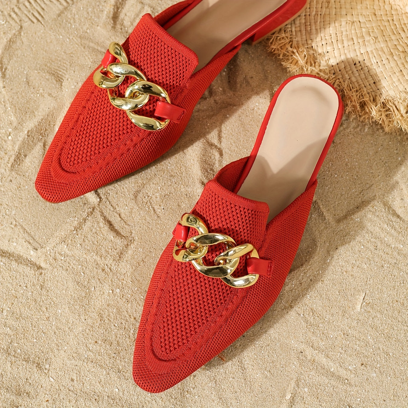 Women's Black Mules with Metallic Chain Pointed Toe Low Heel Flats