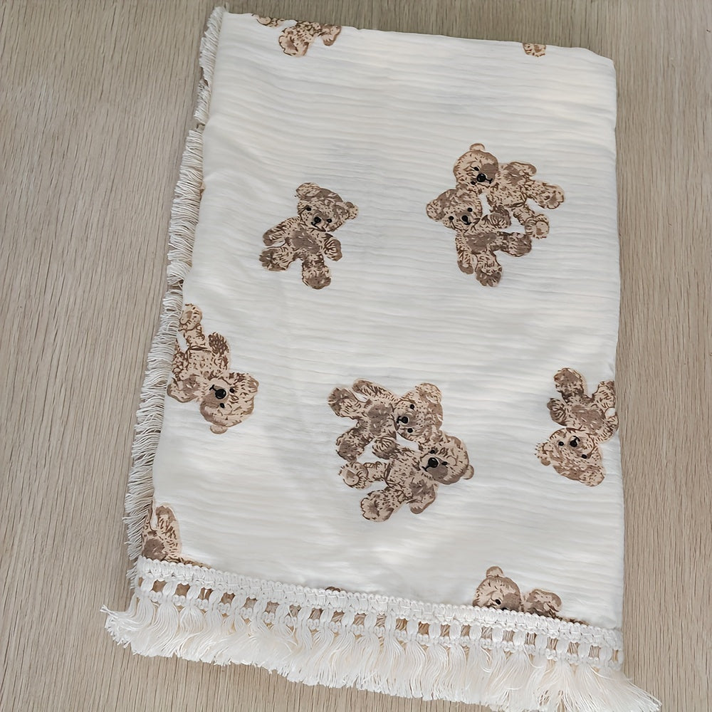 Manta de bebé tejida con estampado de oso de peluche y flecos, 80cm x 65cm