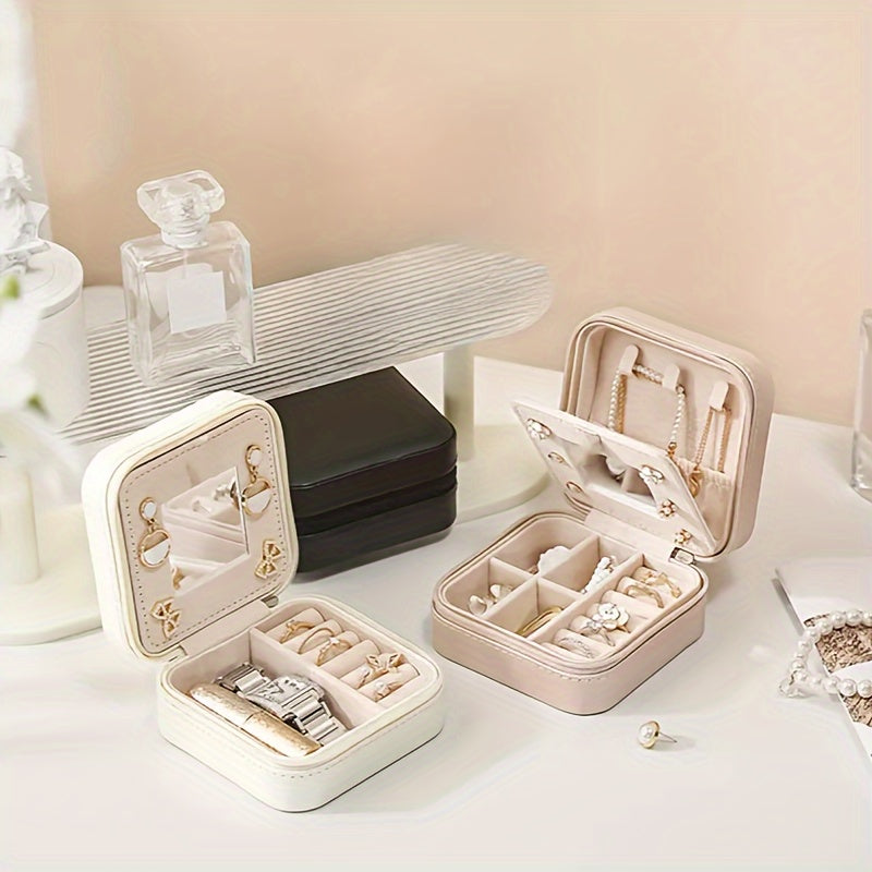 Faux Leather Jewelry Box with Mirror and Earring Necklace Organizer Storage Case for Gifts