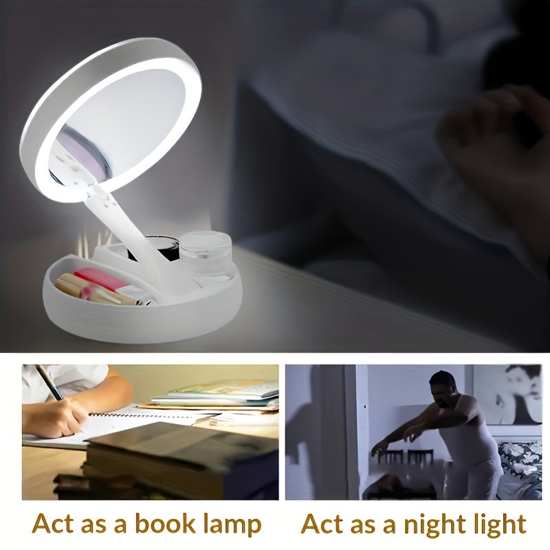Espejo de maquillaje LED portátil con almacenamiento, doble cara, aumento de 1X y 10X, espejo de mesa plegable con luz