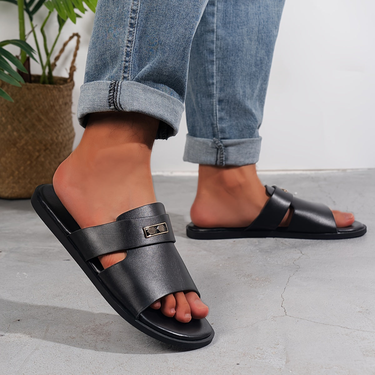 Men's All-Season Casual Faux Leather Slide Sandals with Buckle Closure and TPR Sole