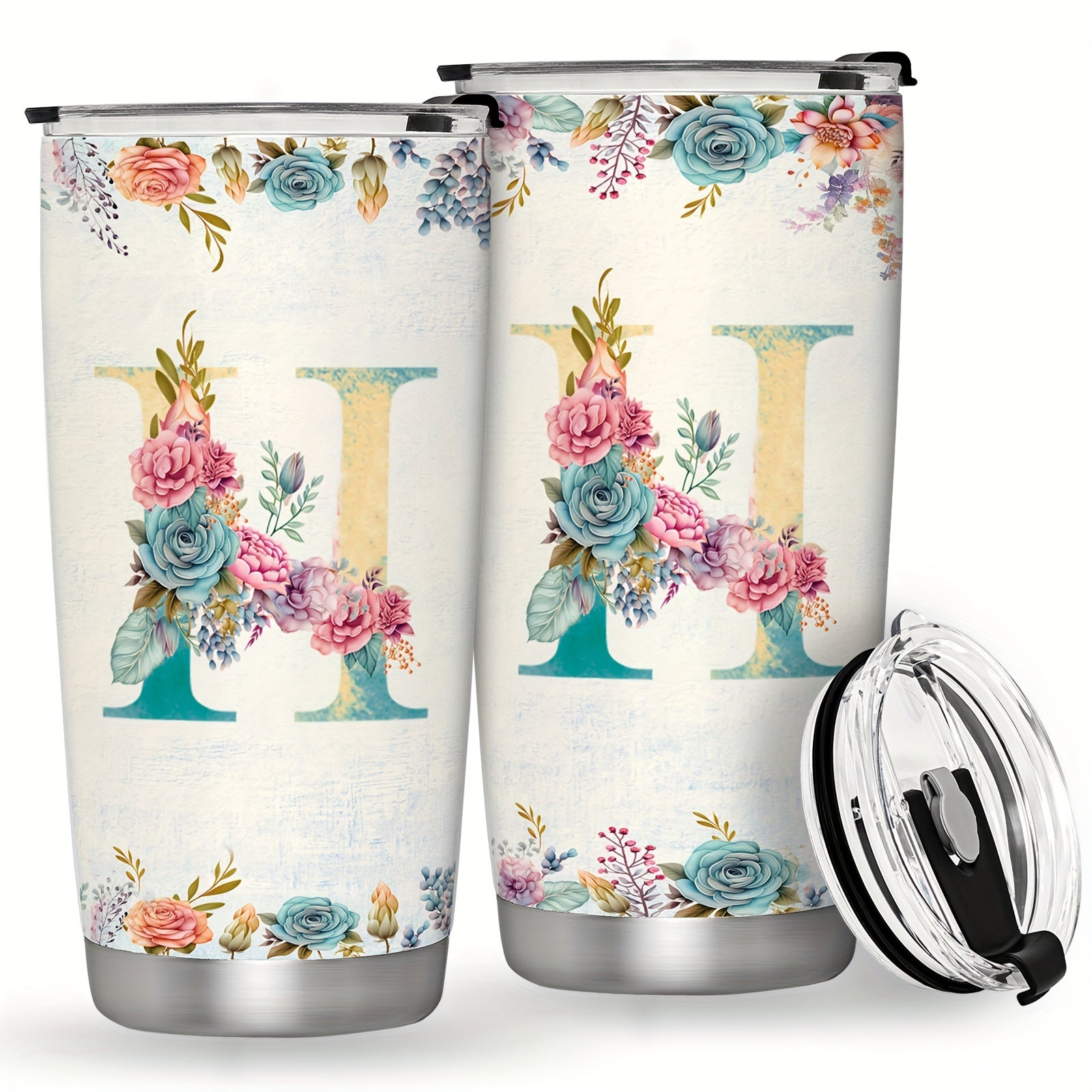 20oz Stainless Steel Tumbler with Monogram Floral Design Leak Proof Lid for Outdoor Use
