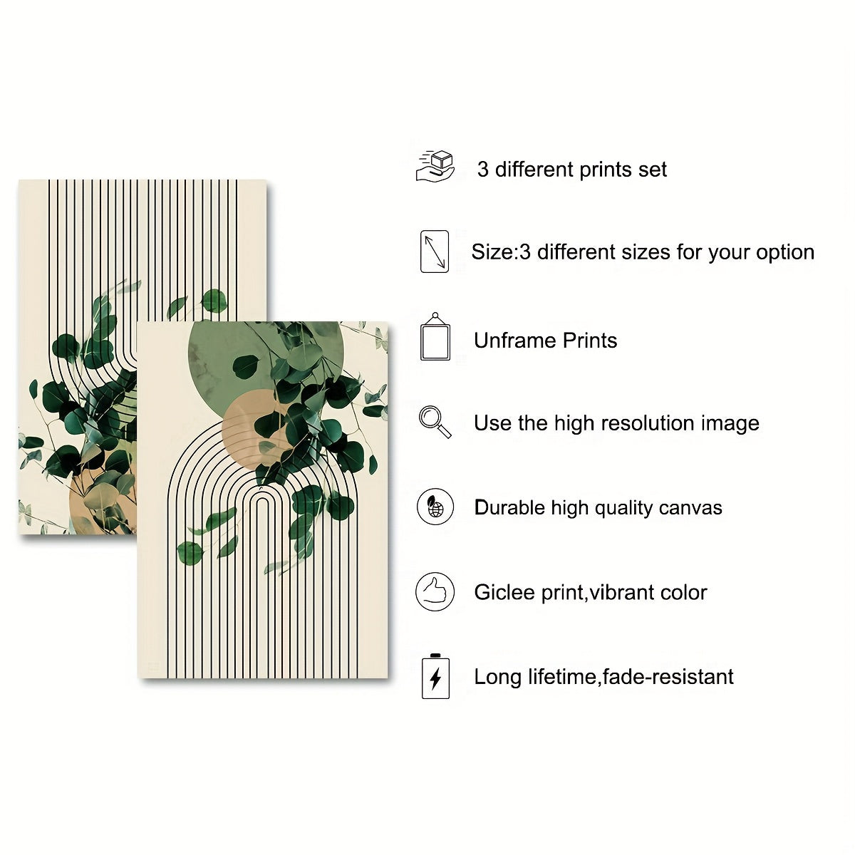 Set of Three Eucalyptus Leaf and Geometric Wall Art Prints for Living Room Decor