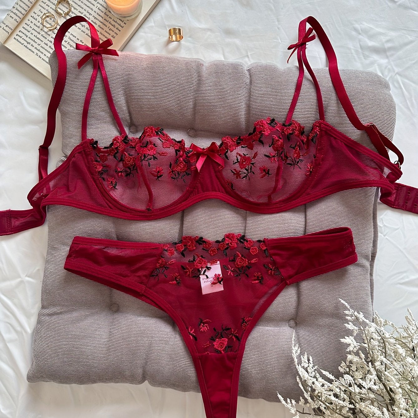 Women's Floral Embroidered Lingerie Set with Mesh Bra and Panty