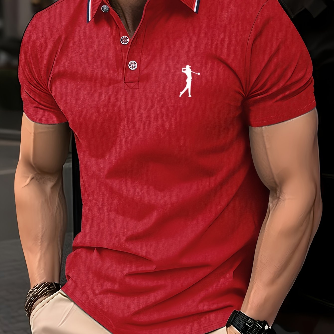 Men's Summer Golf Print Polo Shirt with Geometric Pattern and Short Sleeves