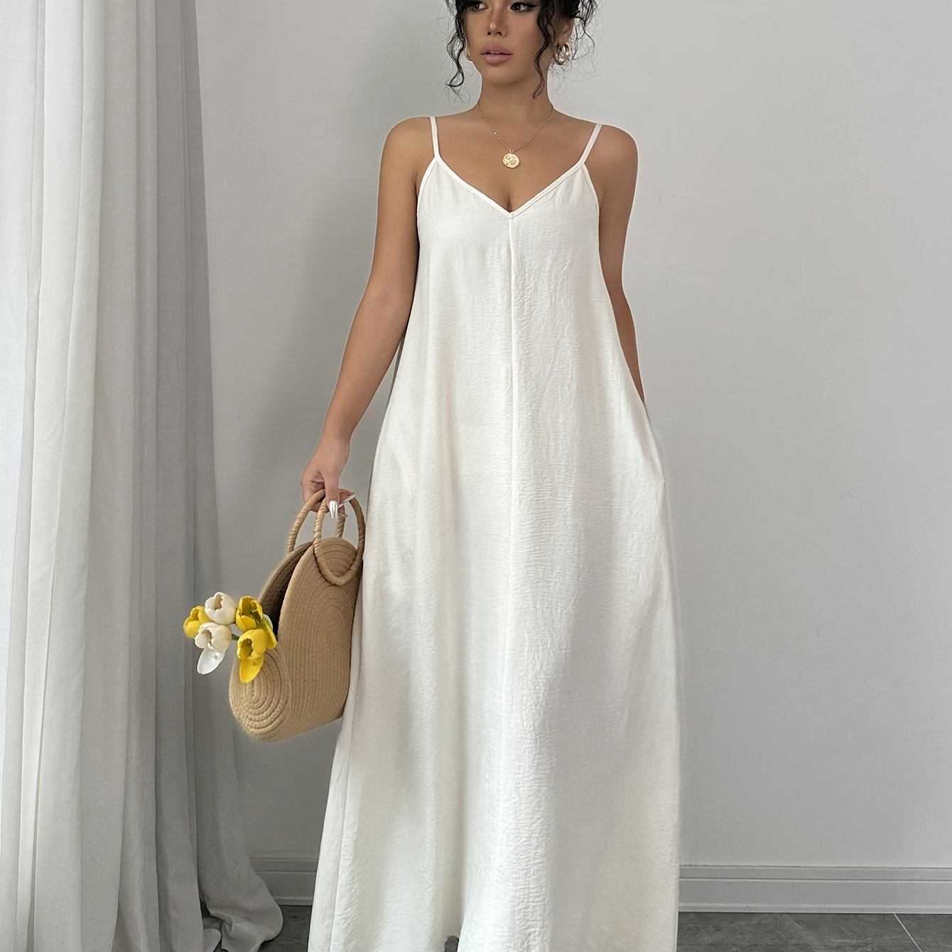 White V-Neck Maxi Dress Solid Color Long Sleeve Summer Casual Slip Dress