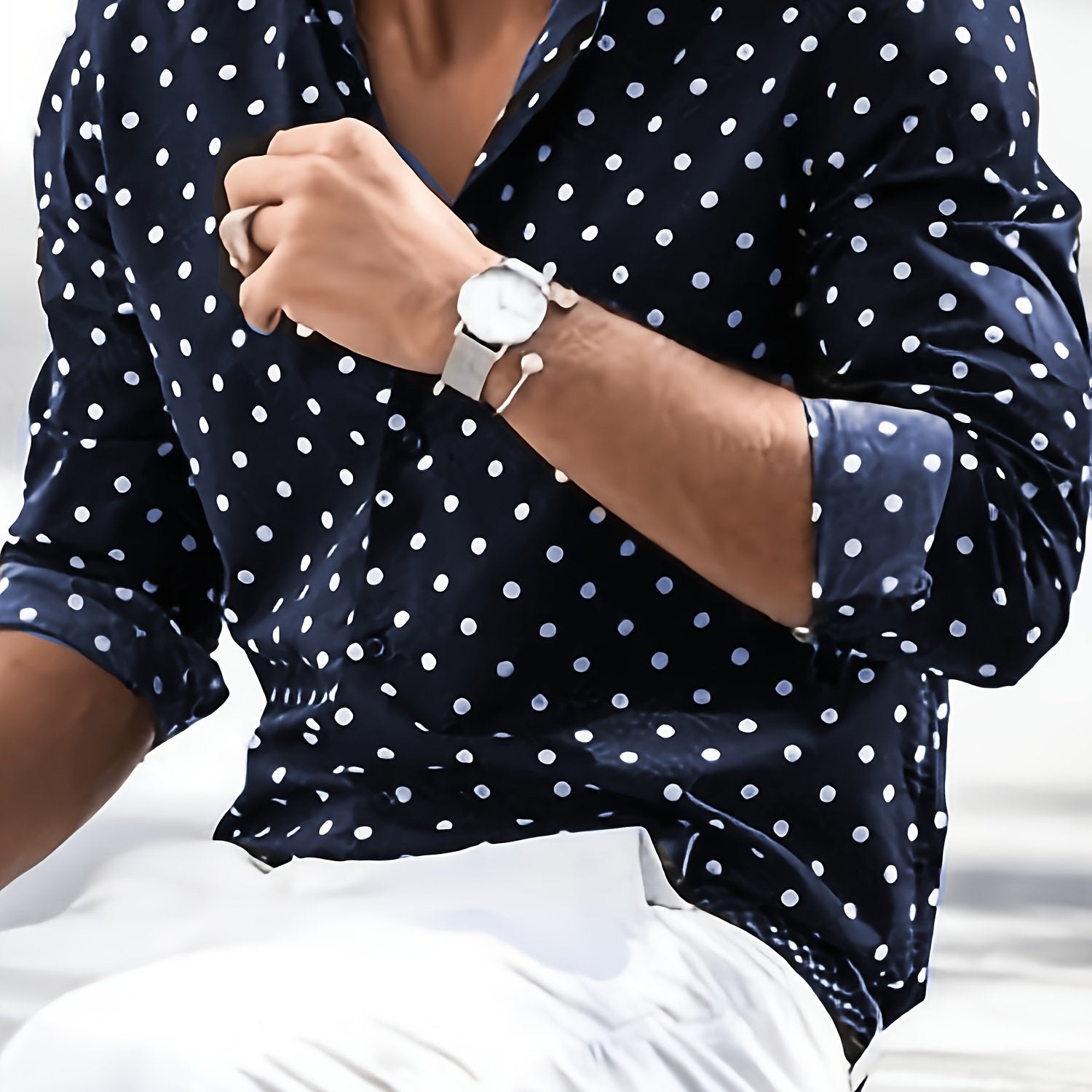 Plus Size Men's White Polka Dot Water Pattern Long Sleeve Casual Shirt
