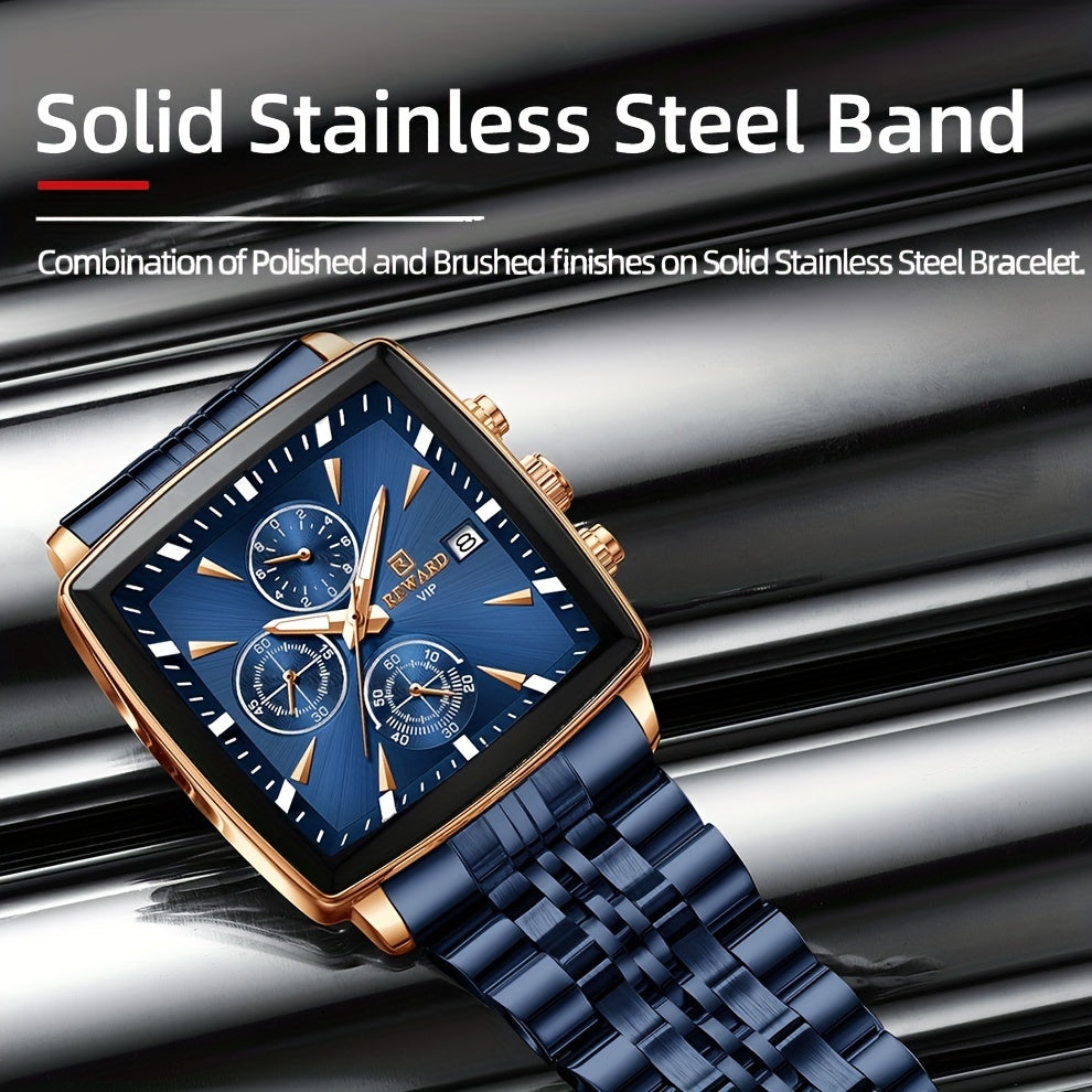 Men's Luxury Watch Blue Rectangle Quartz Wristwatch with Luminous Hands