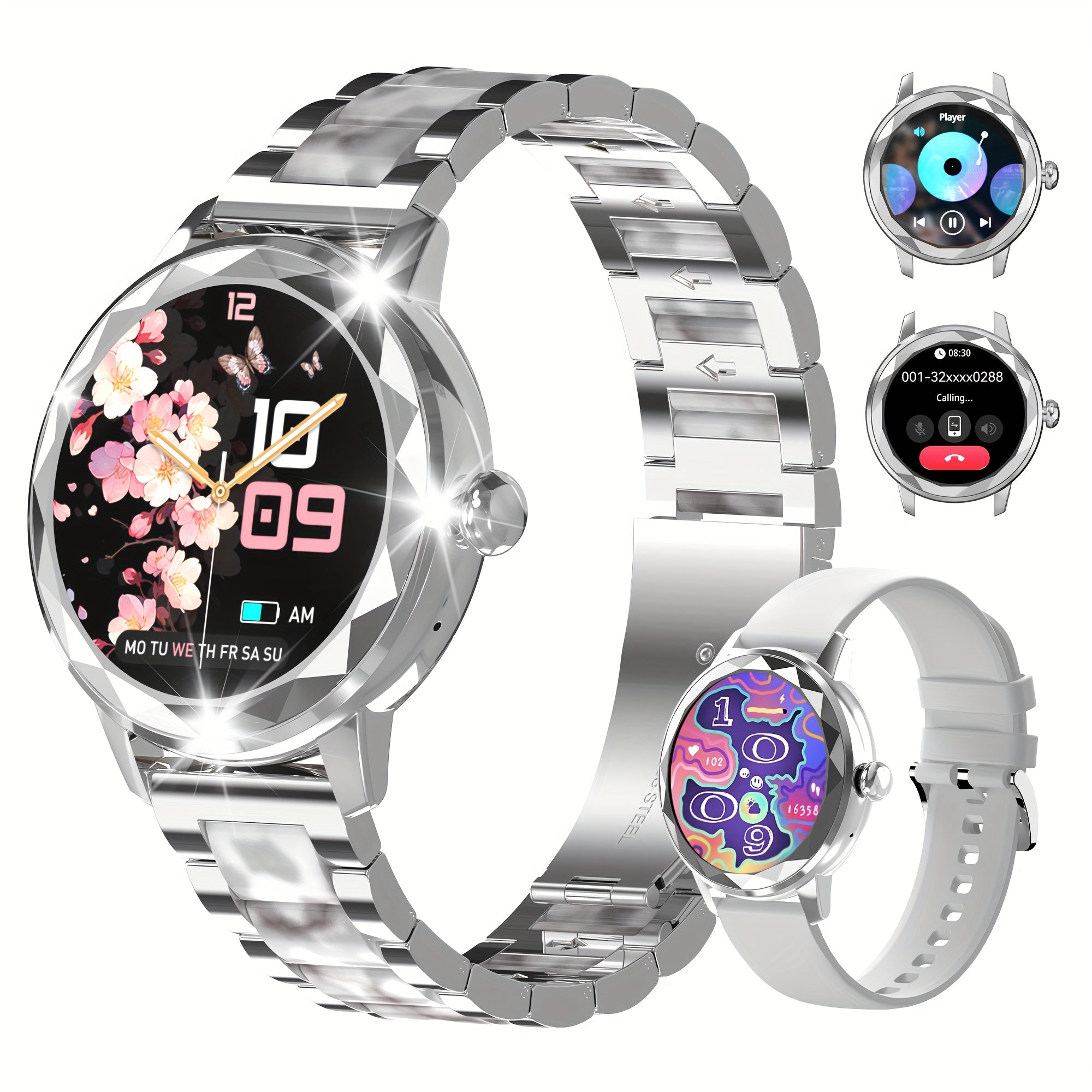 1.2 dyuymli ekranli, qo'ng'iroq, xabar bildirishnomalari, ob-havo, kaloriya hisoblagichi, musiqa, sport rejimlari bilan jihozlangan, iPhone/Android bilan mos keladigan hashamatli ayollar soati, ayollar uchun ideal 14-fevral sovg'asi.