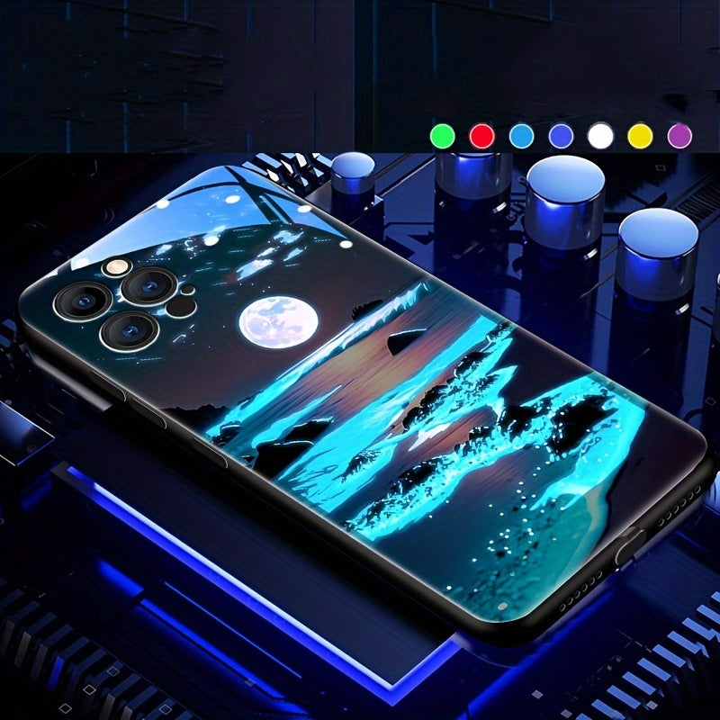 Luminous Smart Voice Control Phone Case for Samsung iPhone with Landscape Design and Tempered Glass